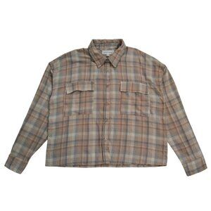Plaid Long-Sleeve Shirt M By Hippie Rose Cotton & Viscose Beige, Button Front.